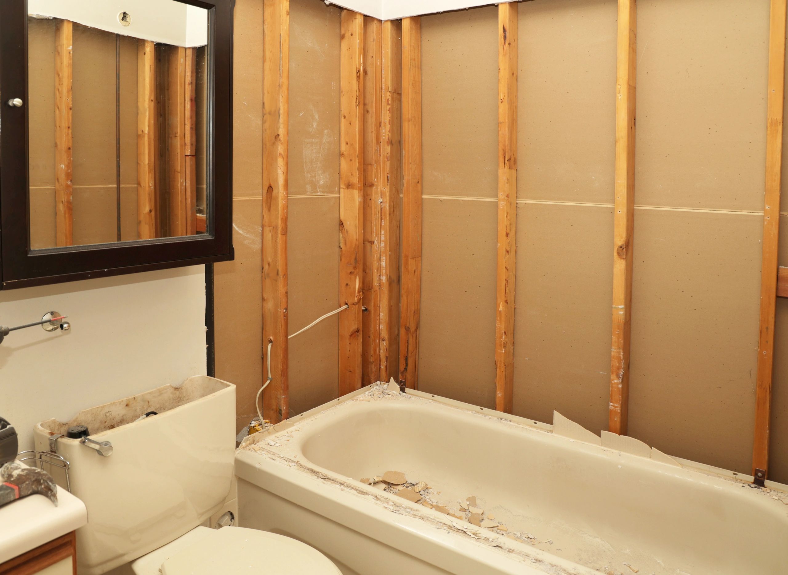 Bathroom renovation project during demolition phase